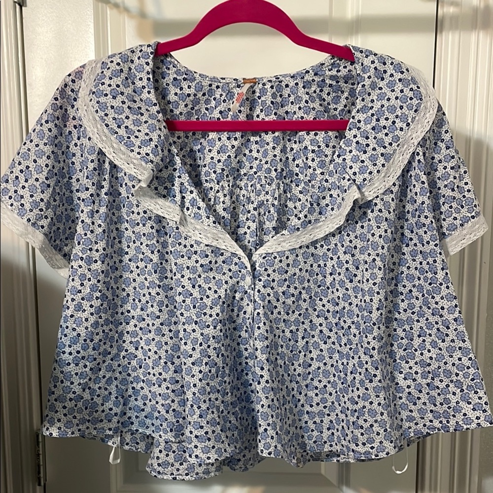 Free People Floral Top in Blue and White